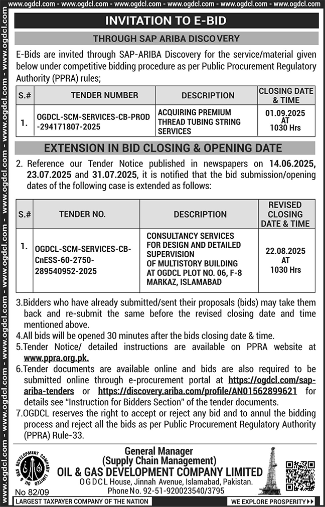 Oil & Gas Development Company Limited Islamabad Tender Notice